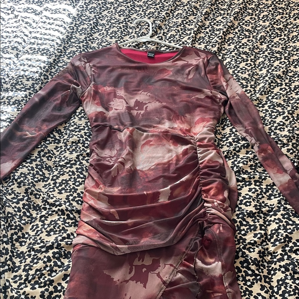 SHEIN Maroon Floral Long Sleeve Dress